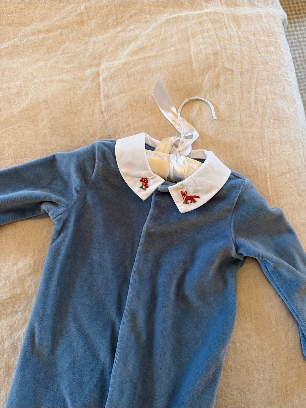 NWT - Ralph Lauren Blue Velour Footed Baby One-Piece with Cream Collar